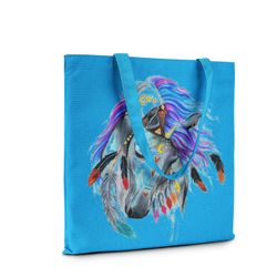 Decorative Horse Canvas Tote Bag Colorful Feather Design