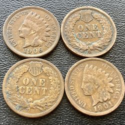 Four (4) Indian Head Pennies Vintage Penny Antique US Cent Coins Over 100 Years Old 