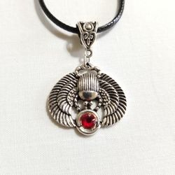 Silver Scarab Red Crystal Pendant Black Cord Necklace 