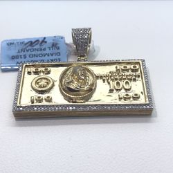 10K Solid Gold Diamond 100 Dollar Pendant 