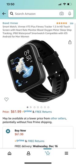 Smart Watch, Virmee VT3 Plus Fitness Tracker 1.5 In HD Touch Screen with Heart Rate Monitor Blood Oxygen Meter Sleep Step Tracking, IP68 Waterproof Sm