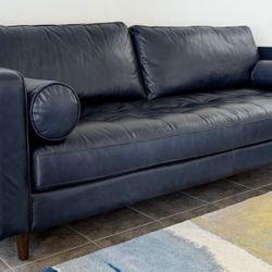 Article Sven Leather Sofa 88" in Oxford Blue with Ottoman