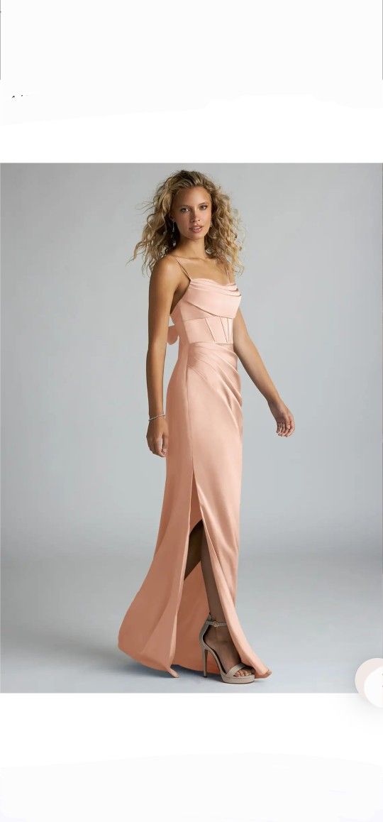 Azazie light Rose Gold satin dress with boning, side slit