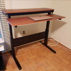 Two-Tier Crank Adjustable Standing Desk (Teak/Black) – Excellent Condition!