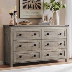 Farmhouse 6 Drawers Dresser for Bedroom, Wood Rustic Wide Chest of Drawers, Storage Dressers Organizer for Bedroom, Living Room, Hallway, Light Rustic