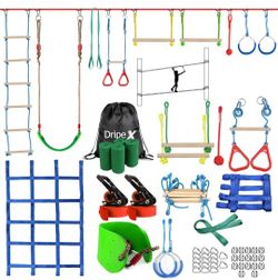 Ninja Warrior Obstacle Course for Kids Backyard - 2×50ft Slackline Kit with 10 Most Complete Accessories for Boys & Girls, Swing, Rope Ladder, Gymnast