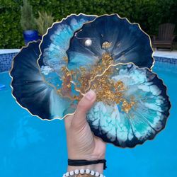 Resin Double Sided Coaster Set Of 4 Shades Of Blue And Gold Handmade