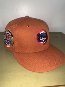 RARE Orange Chicago Cubs Fitted Hat 7 1/4 Camo Brim Gently Used With All Stat Patch
