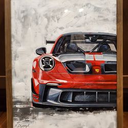 Original Painting. Super Car, Race Car, Sport Car, Red Porsche 911 GT3 RS Framed