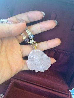 Natural Rose Quartz Nine-Tailed Fox Pendant Necklace - New with Crystal Beads
