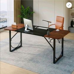 Pinmoco 63" Executive Desk, Lager Writing Desk with Metal Frame, Home and Office, Black with Walnut