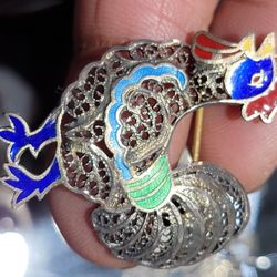 Silver Rooster Brooch Enameled 