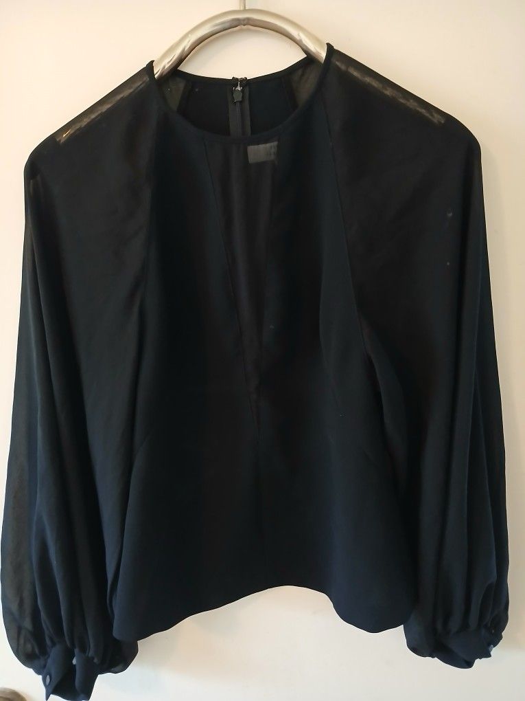 Robert Rodriguez Women's Long Sleeve Black Sheer Sleeve Blouse 4 US