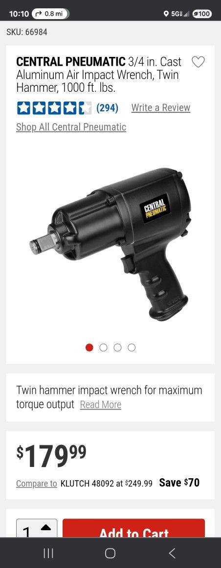 CENTRAL PNEUMATIC 3/4 in. Cast Aluminum Air Impact Wrench, Twin Hammer, 1000 ft. lbs.