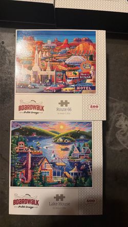 Boardwalk 500 pieces puzzle of Route 66 and lake house