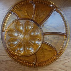 Vintage Indiana Glass "Peeble Leaf" Relish and Deviled Egg Combo Serving Platter in Amber Color