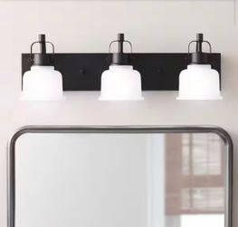 Home Decorators Collection Rockhill 22.07 in. 3-Light Black LED Integrated Industrial Vanity Light with Frosted Glass Shades for Bathroom=B11-457