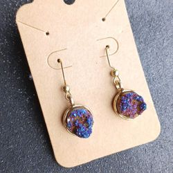 Rainbow titanium druzy dangle earrings with gold hooks new handmade 