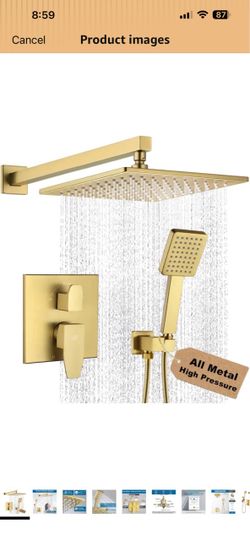 Shower Faucet Set Brushed Gold Rainfall 10 Inch Shower Head and Handle Set Bathroom Rain Shower System Wall Mounted Shower Fixture Shower Valve and Tr