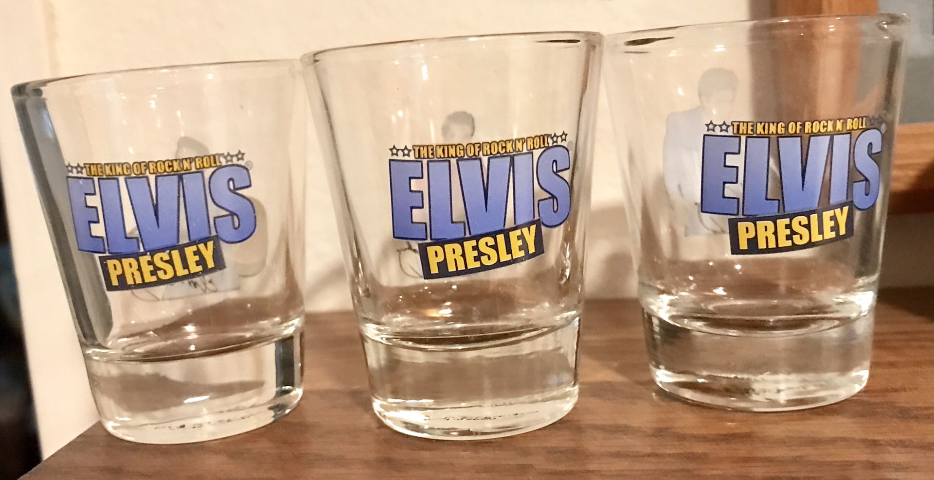 Set of 3 collectible Elvis Presley shot glasses.