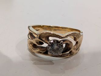 14K Yellow Gold Openwork Ring Clear Round Stone Statement Band 5.1g