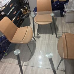 Glass Kitchen Table And 4 Brown Chairs