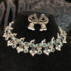 German Silver Necklace Indian Jewelry  Peacock Jhumki High Quality 