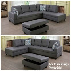 Brand New Gray Leather Sectional With Storage Ottoman 