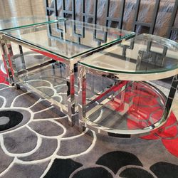3 Piece Designer Polished Steel And Glass Cocktail Table