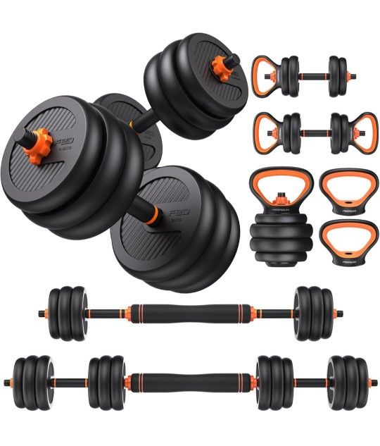 FEIERDUN Adjustable Dumbbells, 20/30/40/45/70/90lbs Free Weight Set with Connector, 5 in1 Dumbbells Set Used as Barbell, Kettlebells, Push up Stand, W