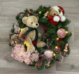 22” Decorated Christmas Wreath Holiday Artificial Lights Decor Teddy Bear Pre-Lit
