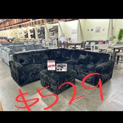 Black Jumbo Corduroy Sectional Sofa With Ottoman 99x99 "