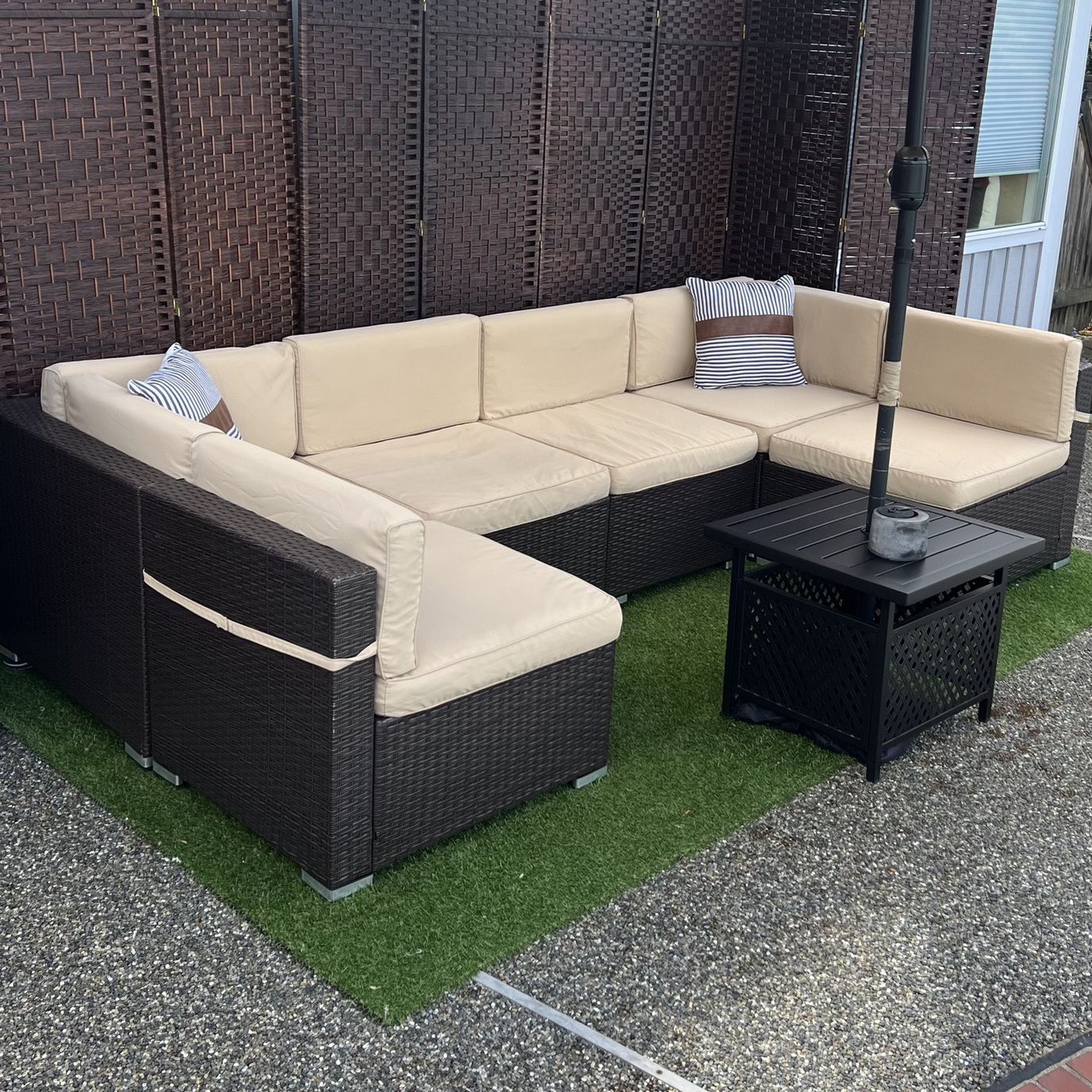 Brown PE Rattan Wicker Outdoor Sofa Couch w/ Tan Khaki Cushions