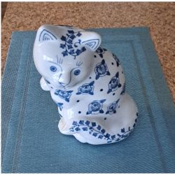 Vintage Gang White Blue Floral Ceramic Cat figure Collectable 1980s