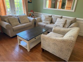 5-Piece Beige Living Room Set - Sofa, Loveseat, Patterned Accent Chair, Coffee Table & Side Table