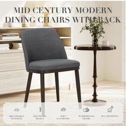 2 Dining Chairs Set of Upholstered with Back, Fabric Side Chair GREY ,Wood Leg NEW