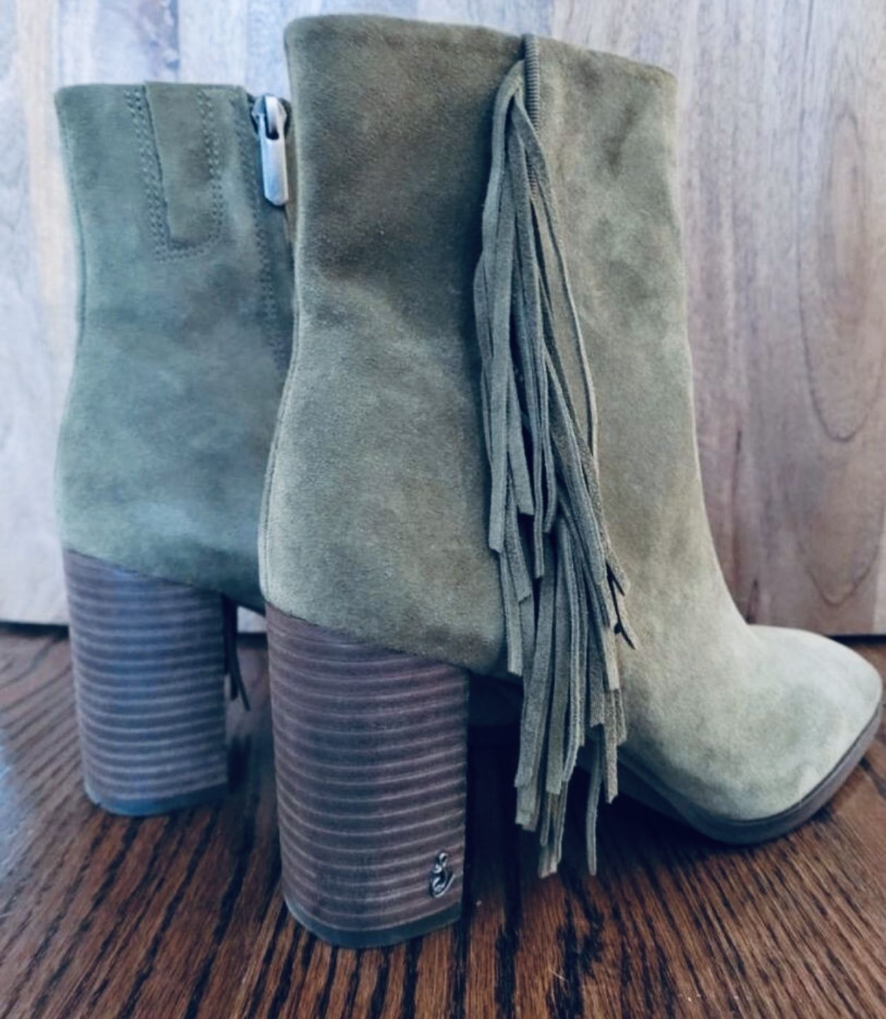 Sam Edelman Ona Olive Suede Leather Almond Toe Block Heel Zipper Fringe Boots