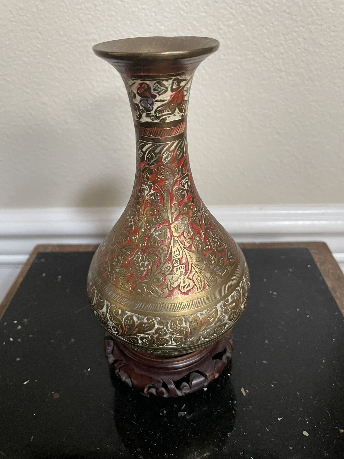 Etched Vintage Brass Vase 7”T