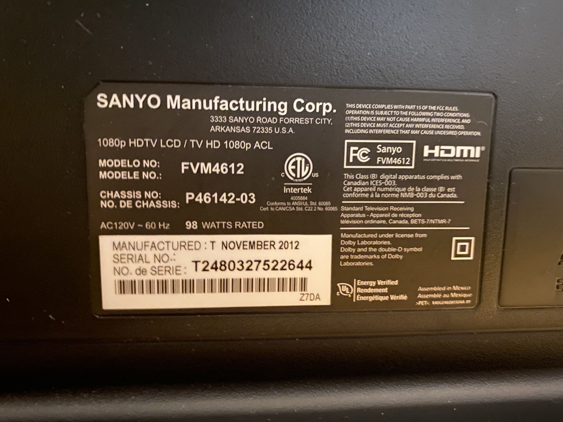 46" Sanyo LED 1080P HD TV FVM4612