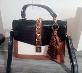 ALDO Black White Brown Croc Embossed Color Block Handbag with Chain Detail.