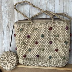 Handcrafted Straw Tote Bag with Floral Accents