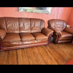 Large Brown Leather Sofa And Sofa Chair