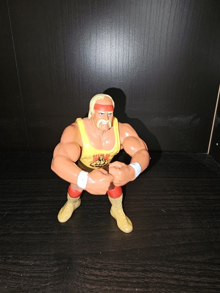 vintage 1991 Hasbro WWF Wrestling Series 2 Hulk Hogan action figure, known for its "Hulkster Hug" action feature.