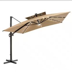Heavy duty base+9 ft. x 12 ft. Solar LED Patio Umbrella Double Top Outdoor 360° Rotation Cantilever Offset Umbrella in Tan