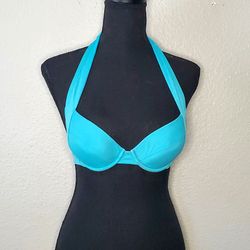 Victoria's Secret Blue Bandeau Bikini Swim Top Size 34B Cushioned Halter Neck 