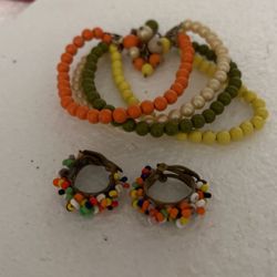 Retro Colored Beaded Bracelet With Matching Clip On Earrings 