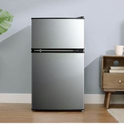 Mainstays 3.2 Cu Ft 2-Door Compact Refrigerator with Freezer, Stainless Steel, Mini Fridge for Dorm, Apartment & Office