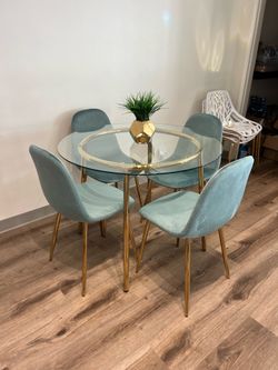 Contemporary Round Glass Table & Velvet Chair Set