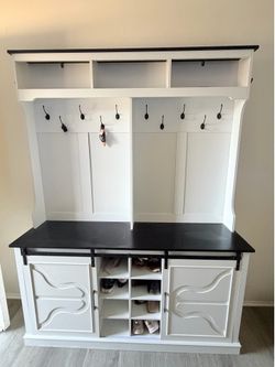 Moving sale! Farmhouse coat rack and shoe storage