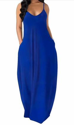 Women's Maxi Dresses Summer Spaghetti Strap Dress with Pockets, blue. Large